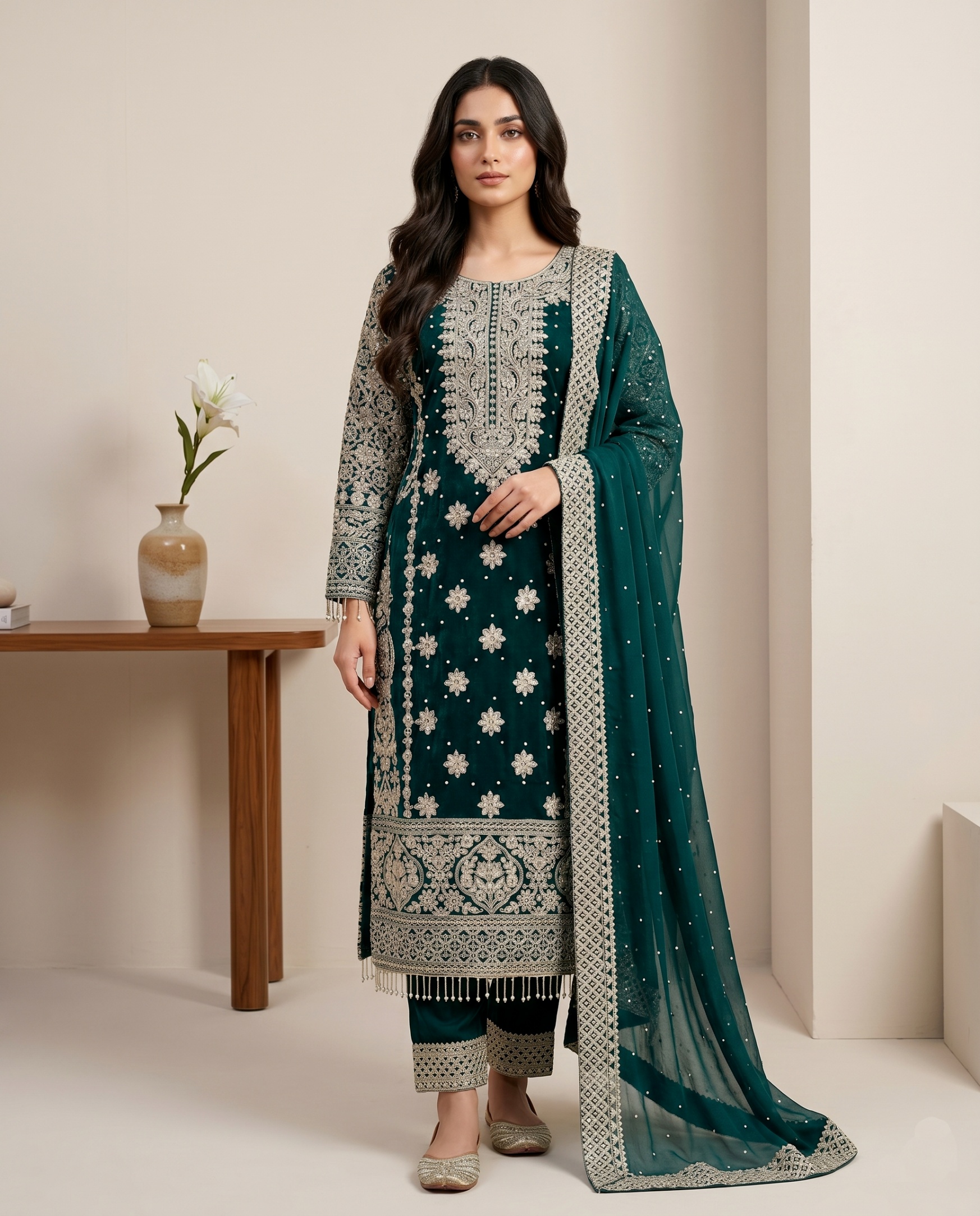 Rama Geometric Heavy Embroidery Faux Georgette Sharara Suit