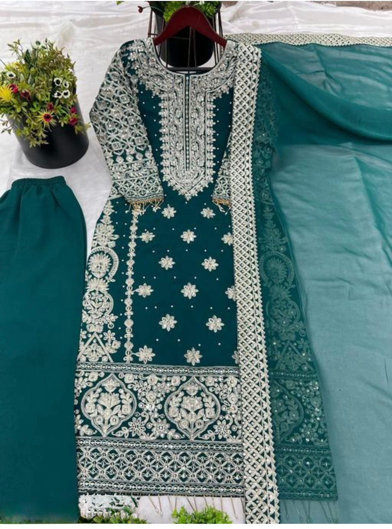 Rama Geometric Heavy Embroidery Faux Georgette Sharara Suit