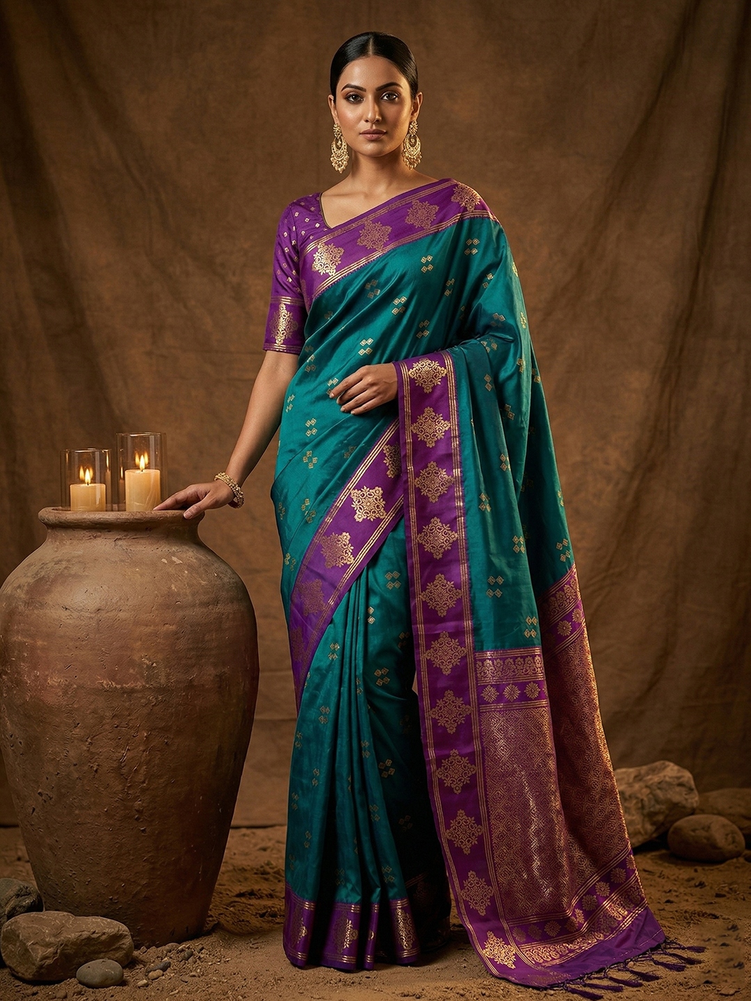 Rama Geometric Woven Soft Silk Saree