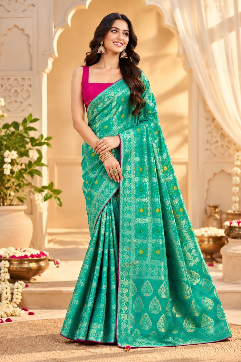 Rama Geometric Woven Zari Satin Silk Saree
