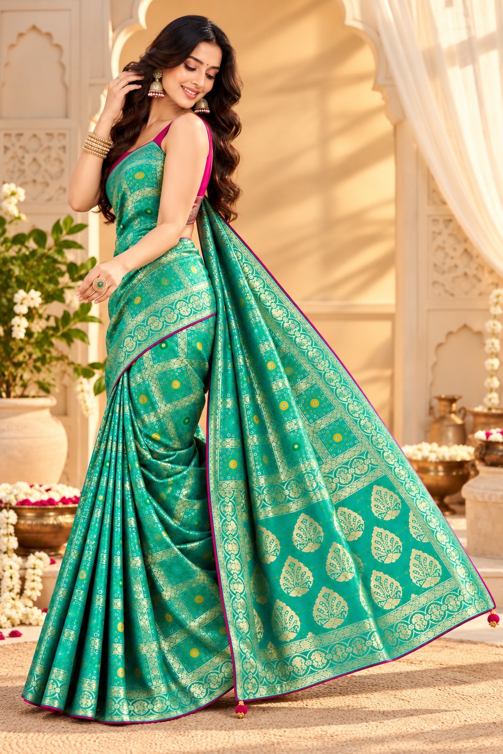 Rama Geometric Woven Zari Satin Silk Saree