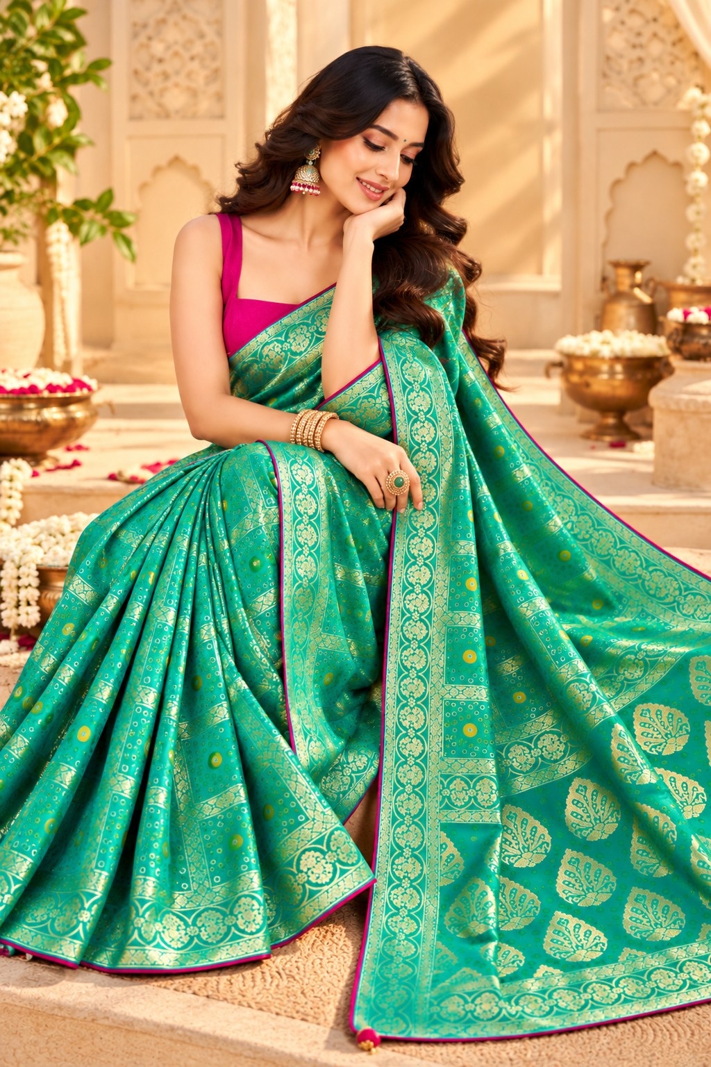 Rama Geometric Woven Zari Satin Silk Saree