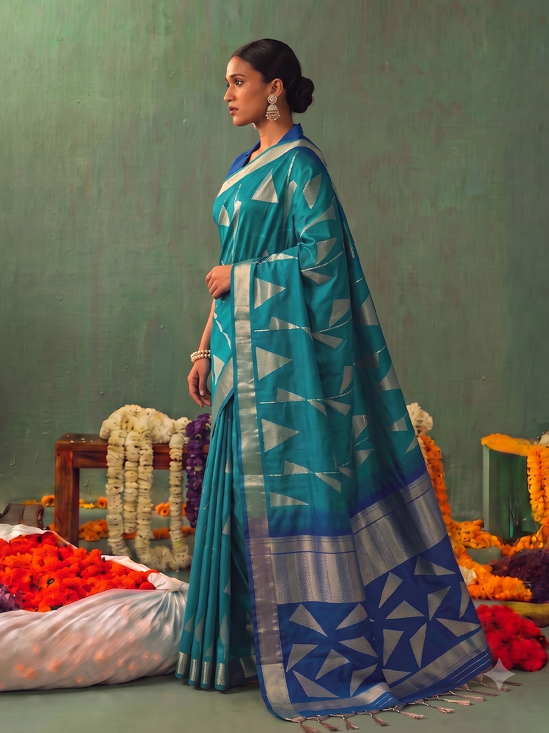 Rama Geometric Woven Zari Soft Silk Saree