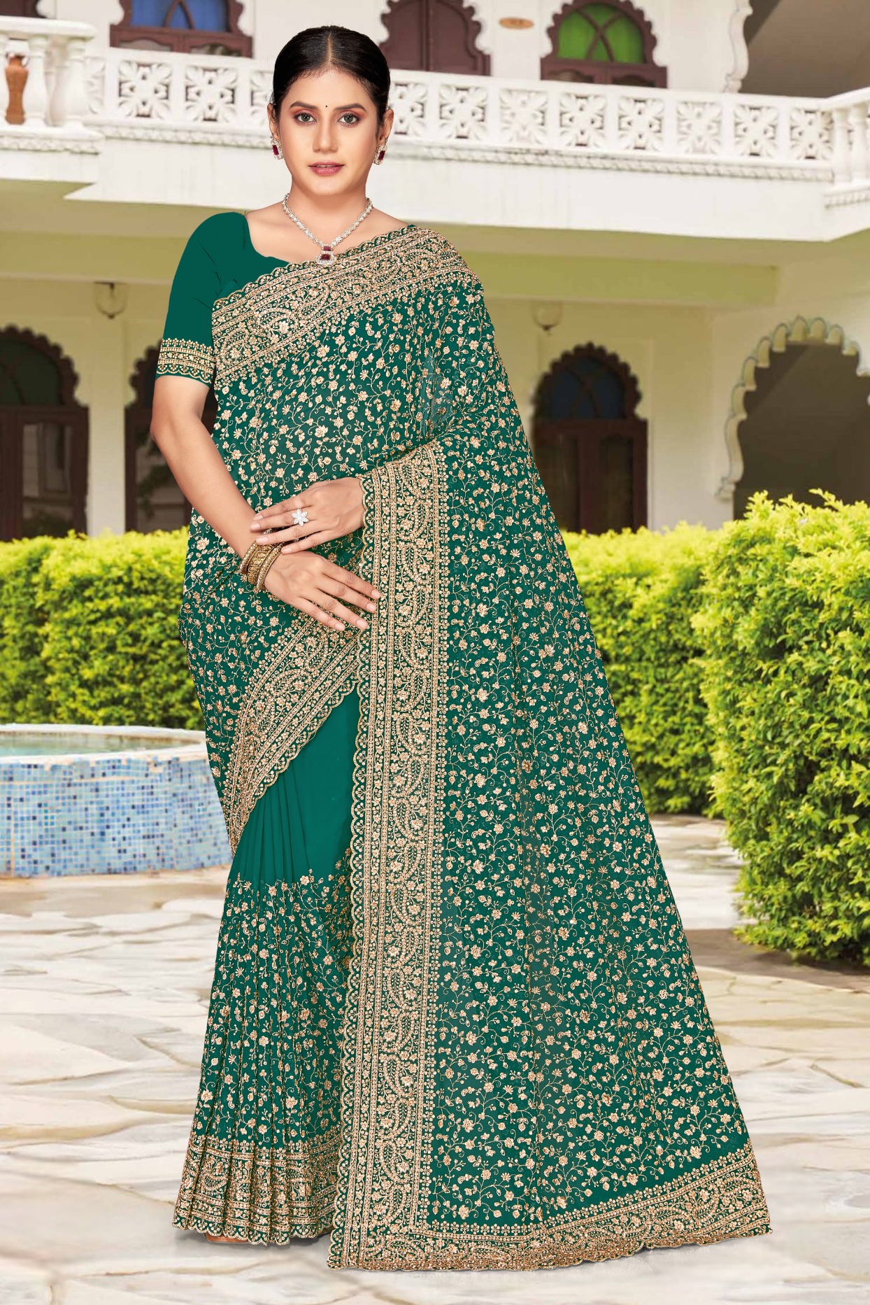 Rama Gold Zari Embroidered Georgette Saree