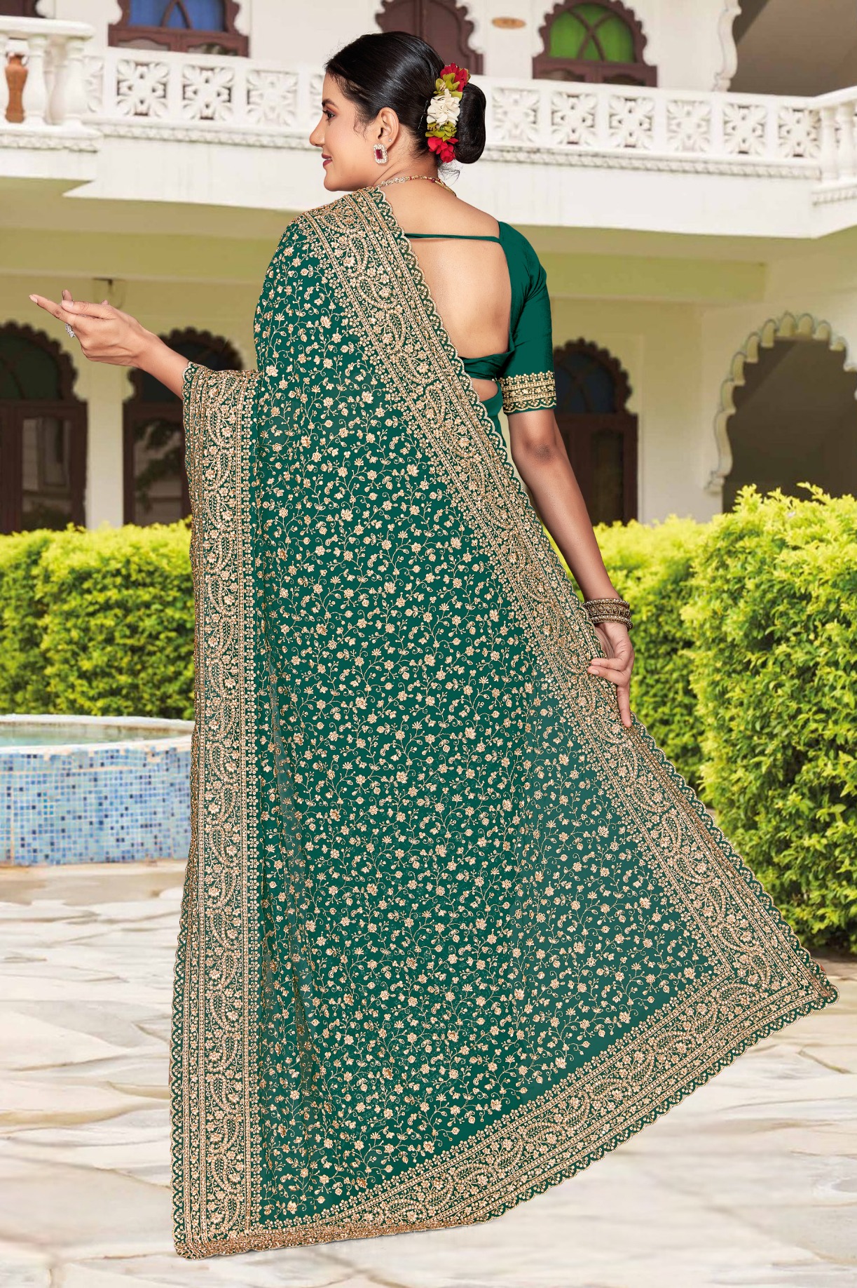 Rama Gold Zari Embroidered Georgette Saree — alternate view