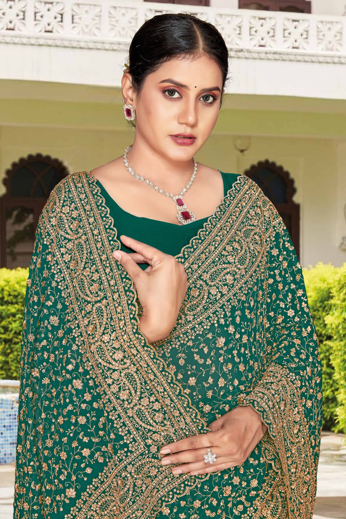 Rama Gold Zari Embroidered Georgette Saree