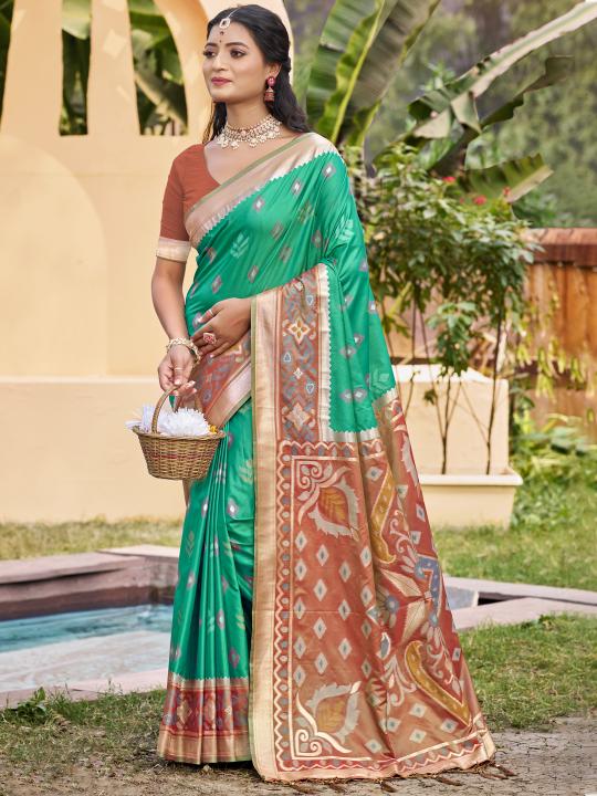 Rama Green Brown Woven Designer Pochampalli Silk Saree
