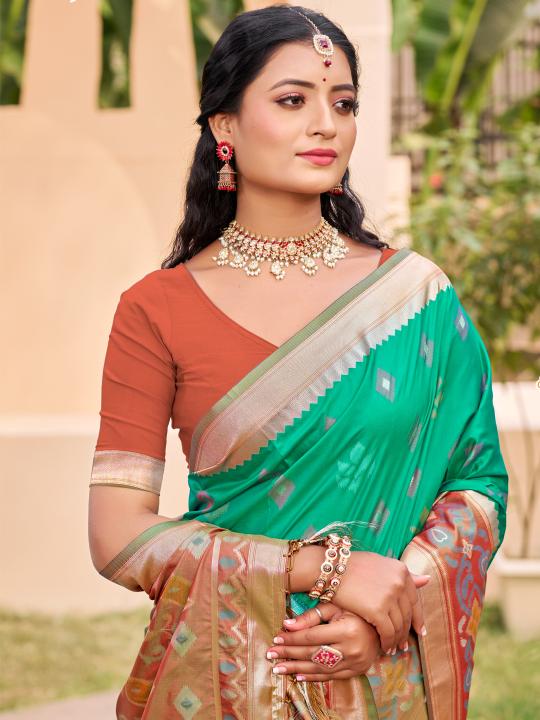 Rama Green Brown Woven Designer Pochampalli Silk Saree — alternate view