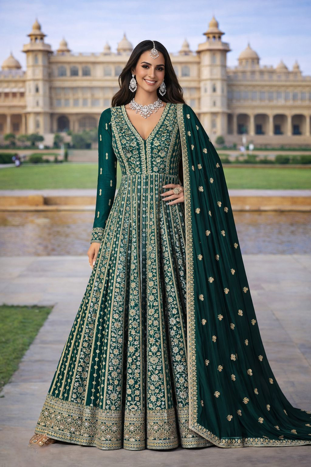 Rama Green Chinon Silk Embroidered Anarkali Suit