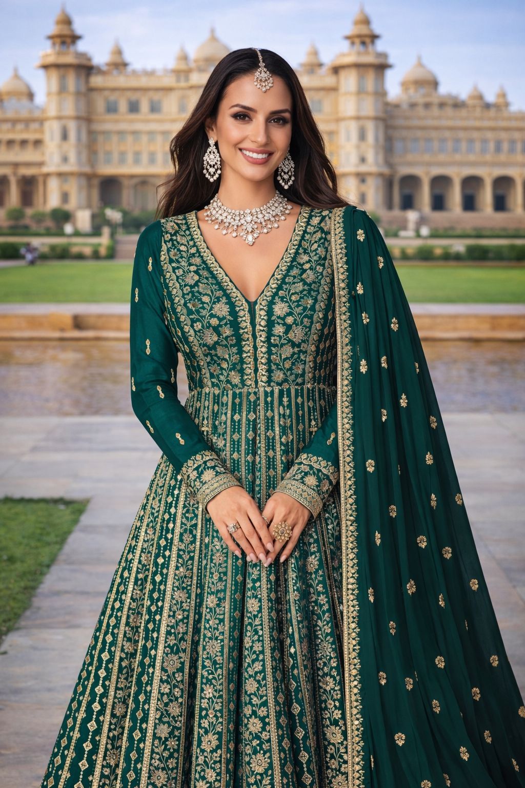 Rama Green Chinon Silk Embroidered Anarkali Suit