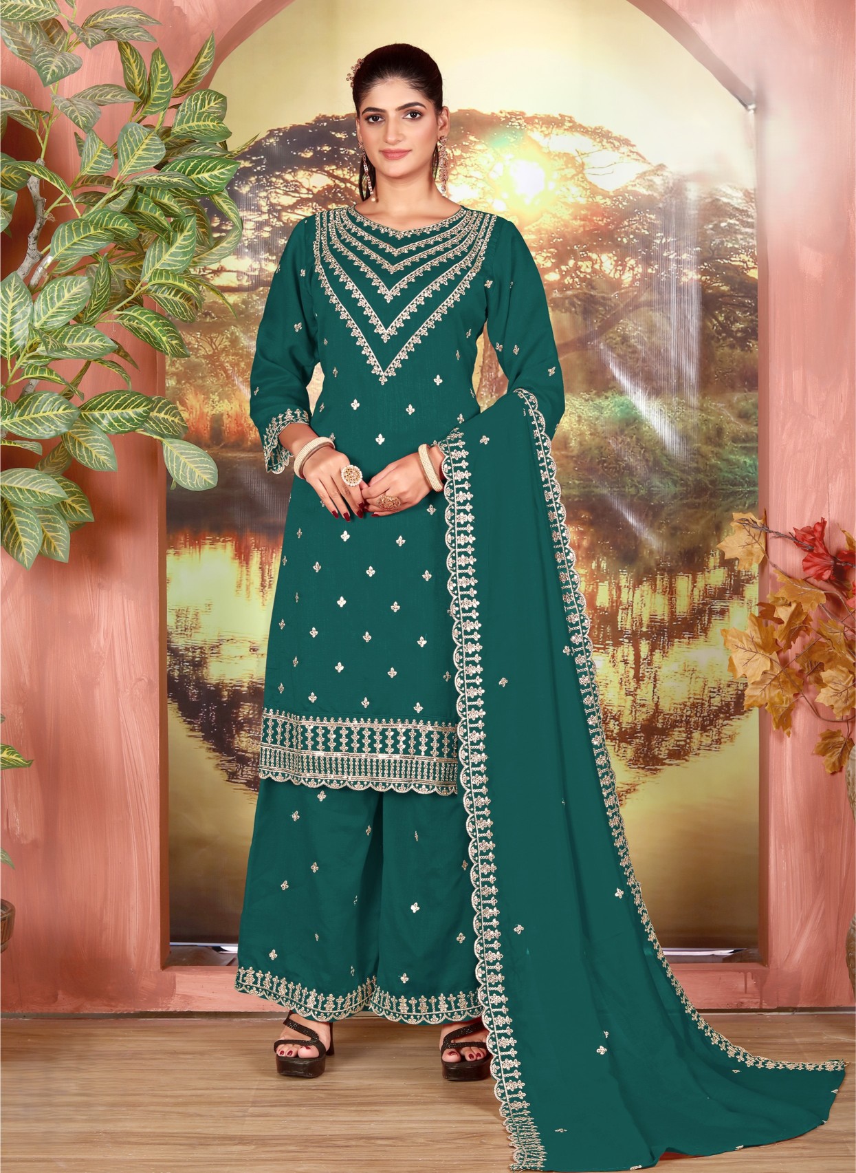 Rama Green Designer Embroidery Work Vichitra Palazzo Suit