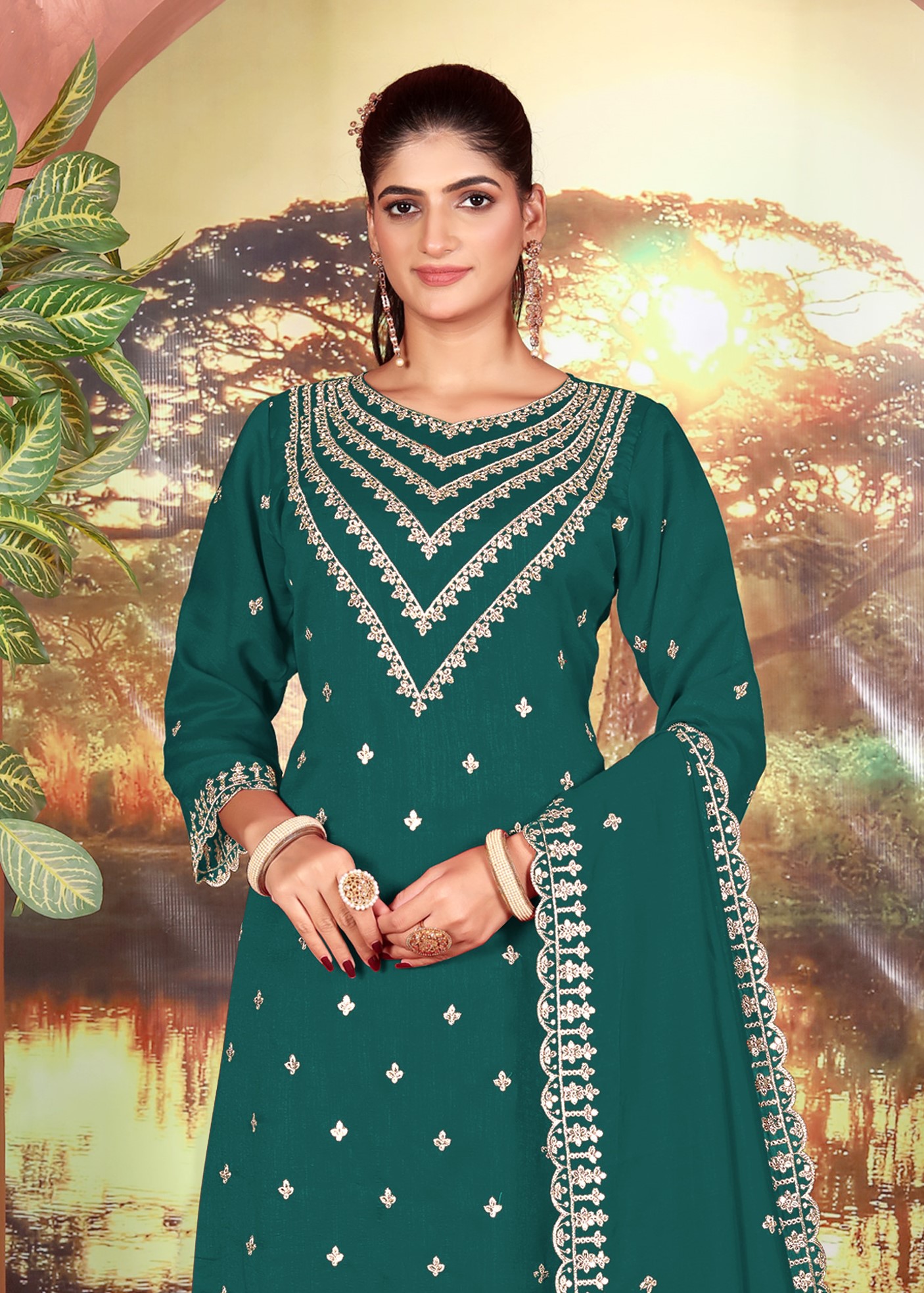 Rama Green Designer Embroidery Work Vichitra Palazzo Suit — alternate view