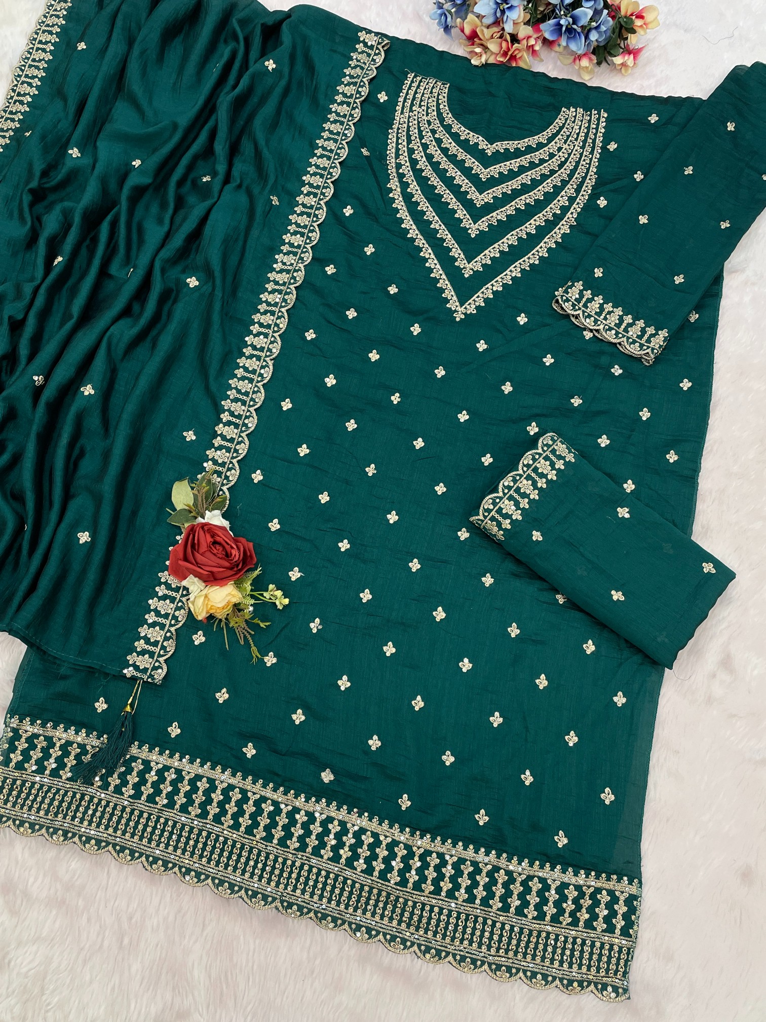 Rama Green Designer Embroidery Work Vichitra Palazzo Suit