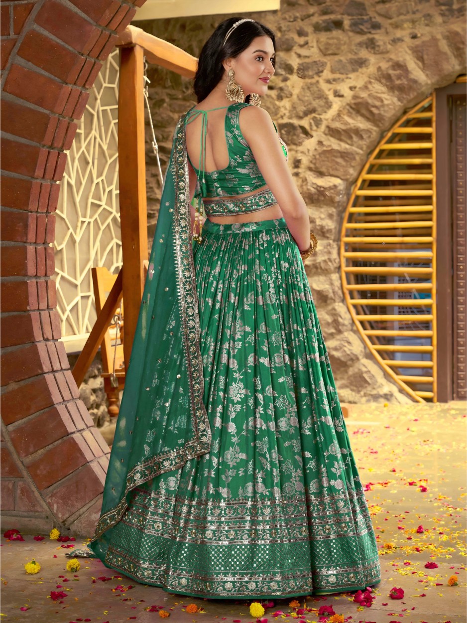 Rama Green Dola Silk Jacquard Bridal Lehenga — alternate view