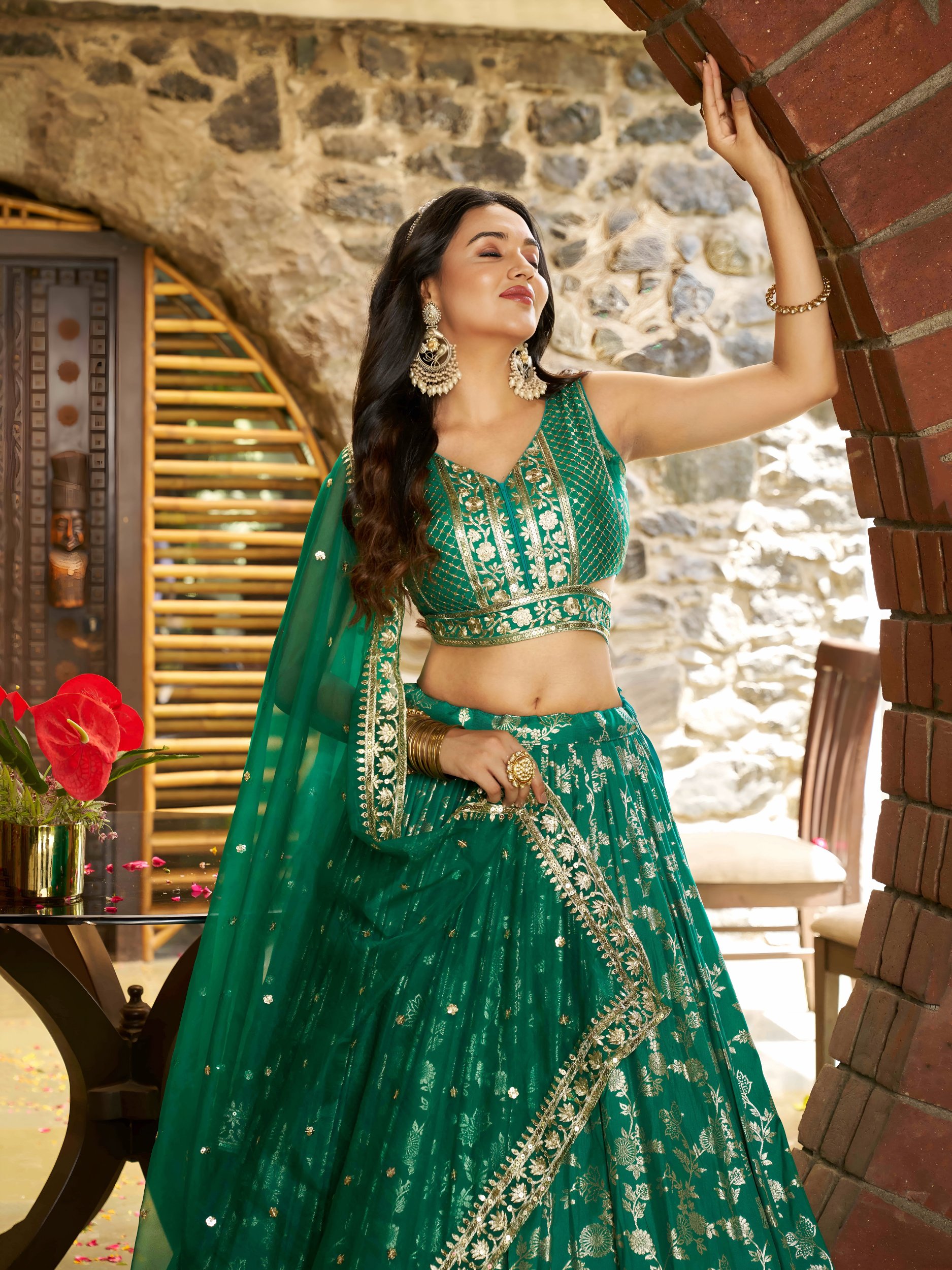 Rama Green Dola Silk Jacquard Bridal Lehenga