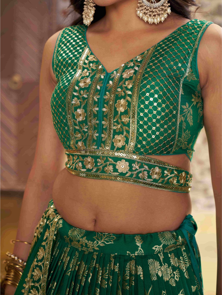 Rama Green Dola Silk Jacquard Bridal Lehenga