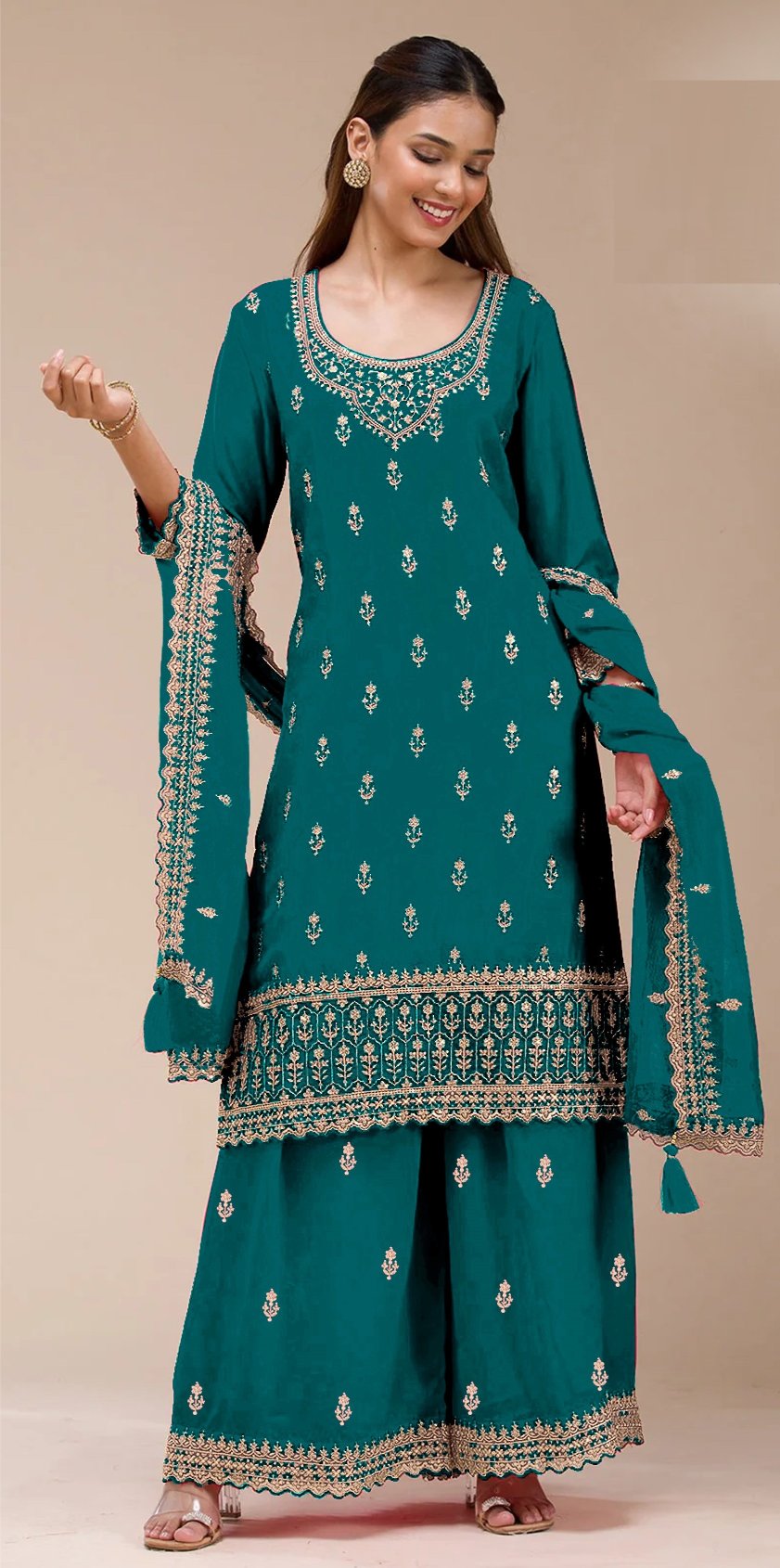 Rama Green Embroidered Georgette Palazzo Suit