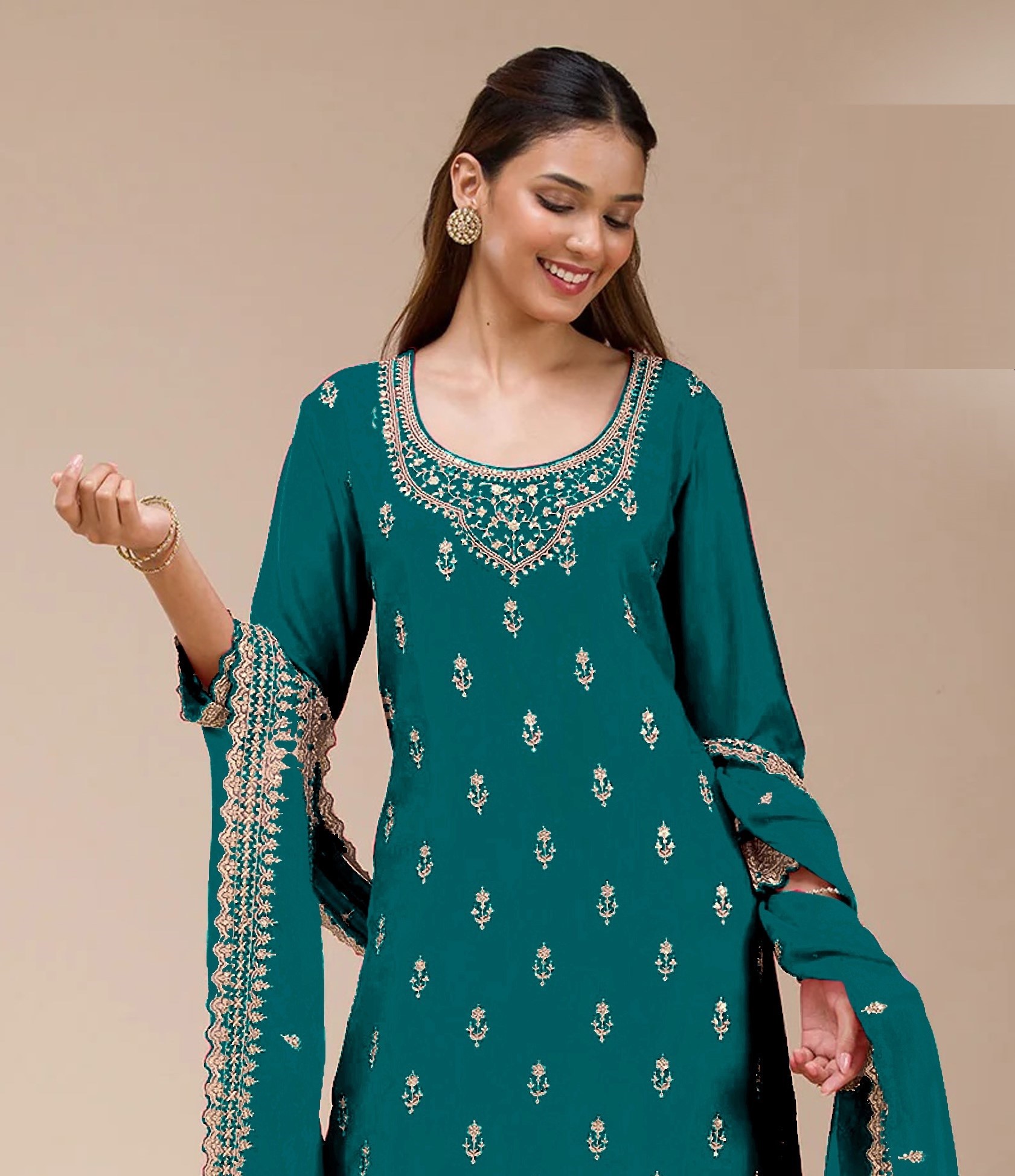 Rama Green Embroidered Georgette Palazzo Suit — alternate view