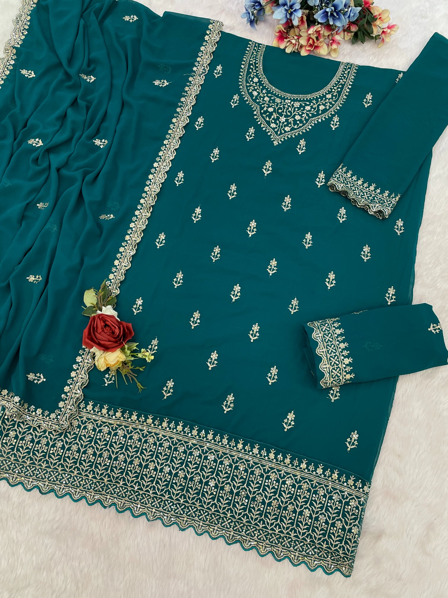 Rama Green Embroidered Georgette Palazzo Suit