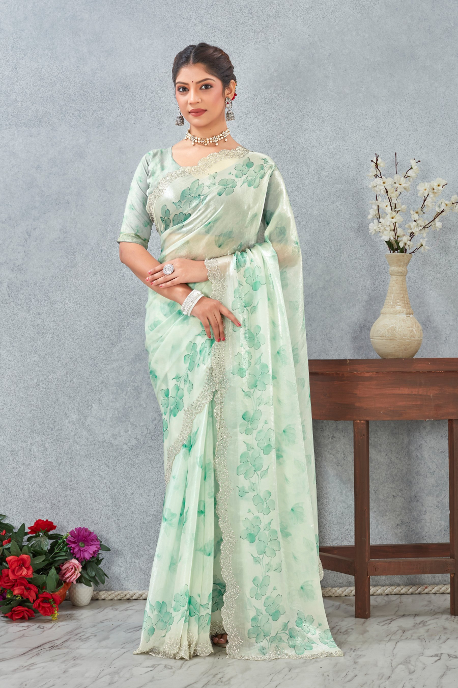 Rama Green Fendy Satin Floral Zircon Border Saree