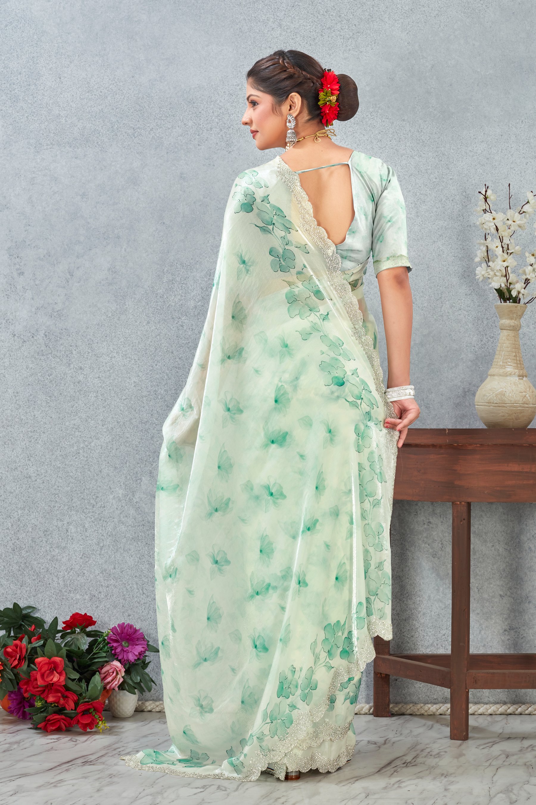 Rama Green Fendy Satin Floral Zircon Border Saree — alternate view