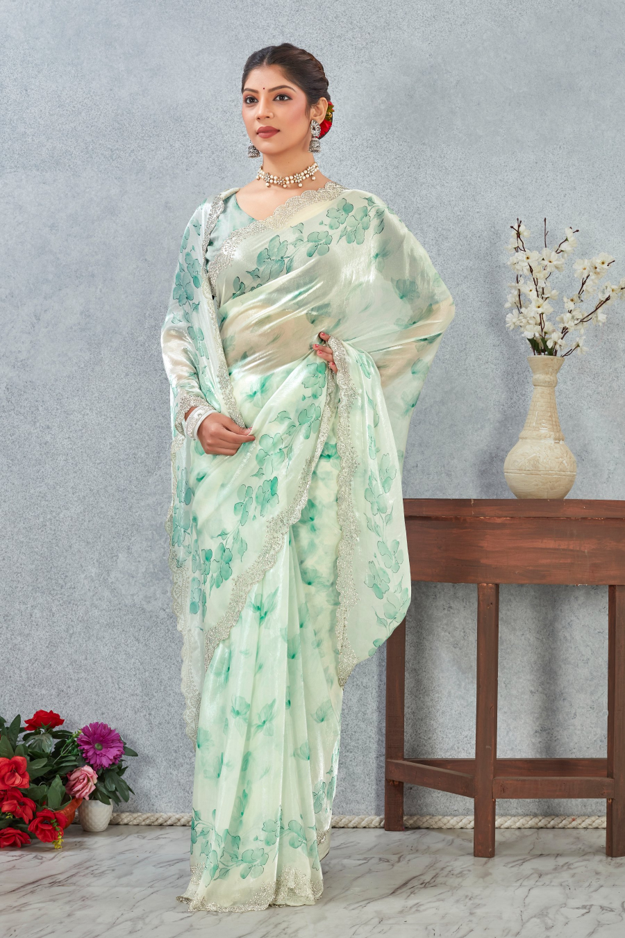 Rama Green Fendy Satin Floral Zircon Border Saree