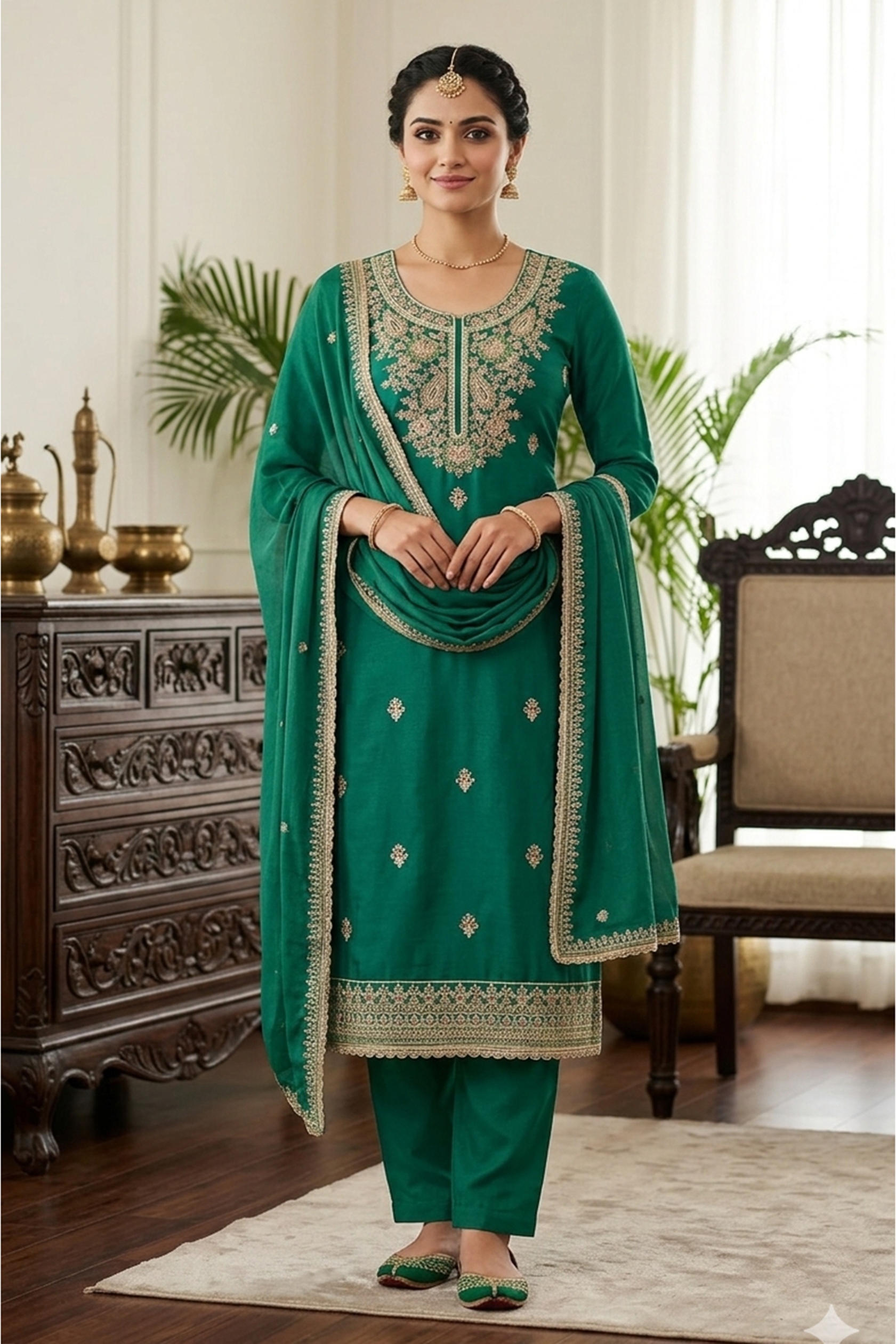 Rama Green Floral Embroidered Straight Salwar Suit