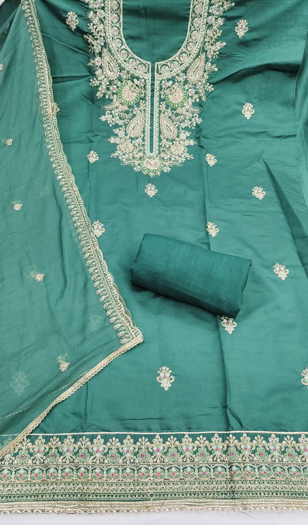 Rama Green Floral Embroidered Straight Salwar Suit
