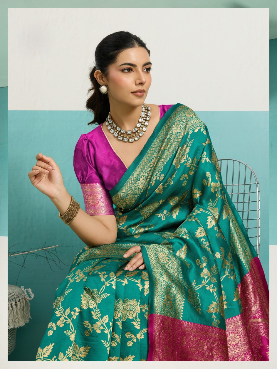 Rama Green Jaal Banarasi Silk Saree — alternate view