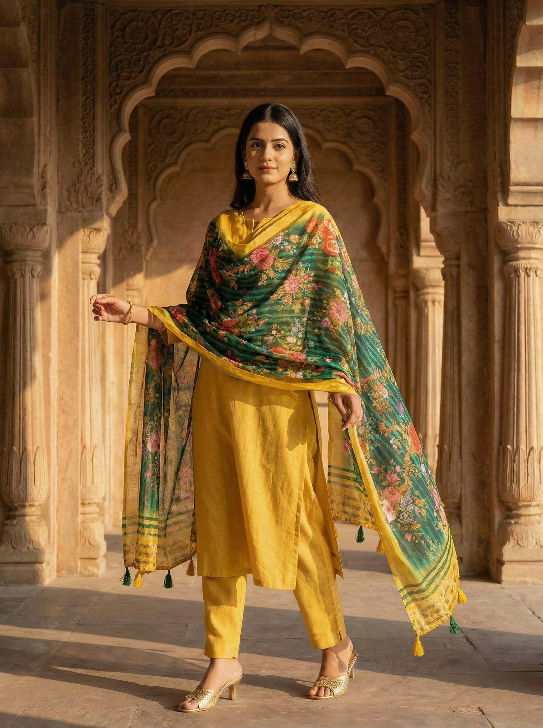 Rama Green Kalamkari Heritage Linen Silk Designer Dupatta