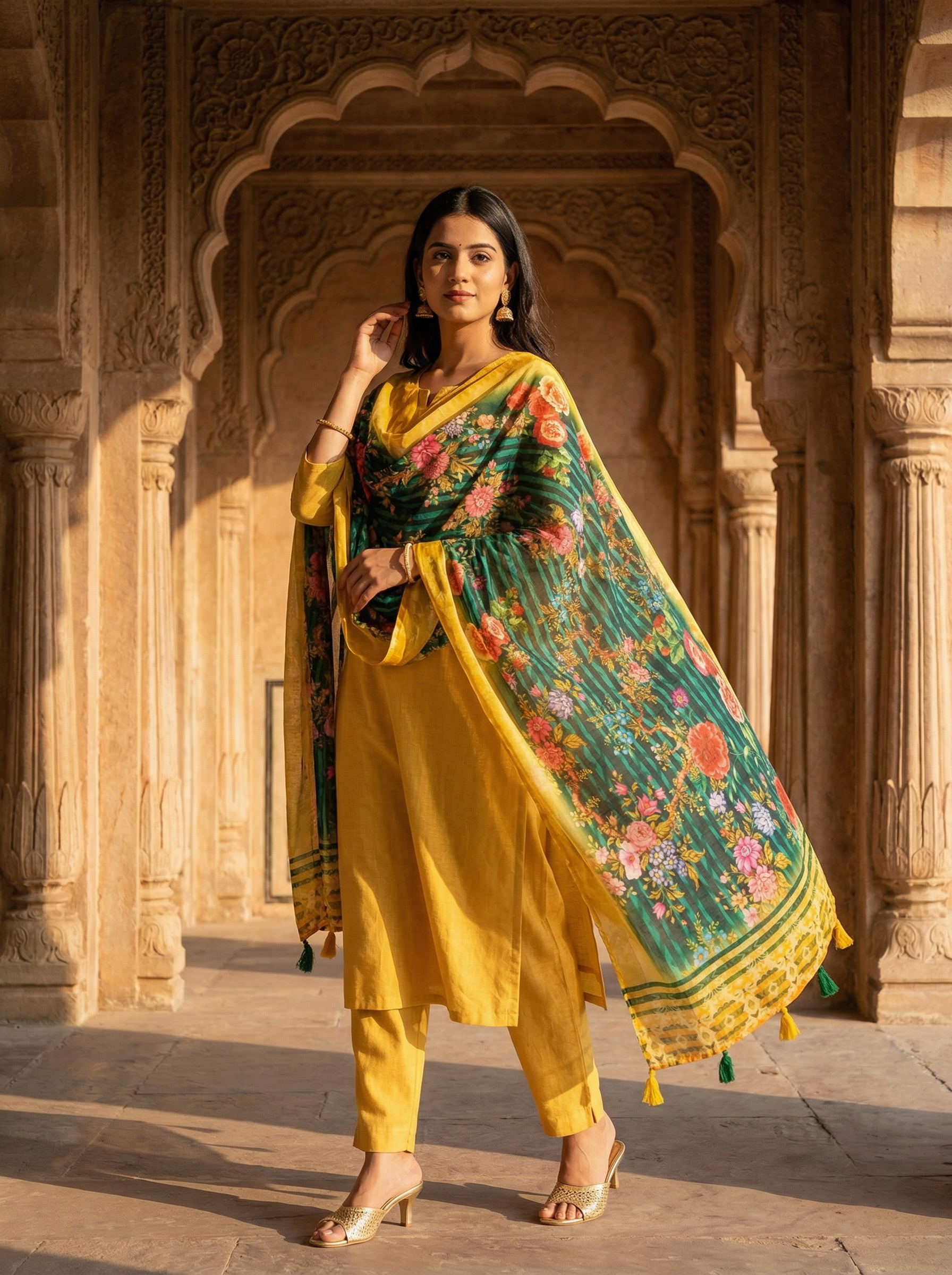 Rama Green Kalamkari Heritage Linen Silk Designer Dupatta