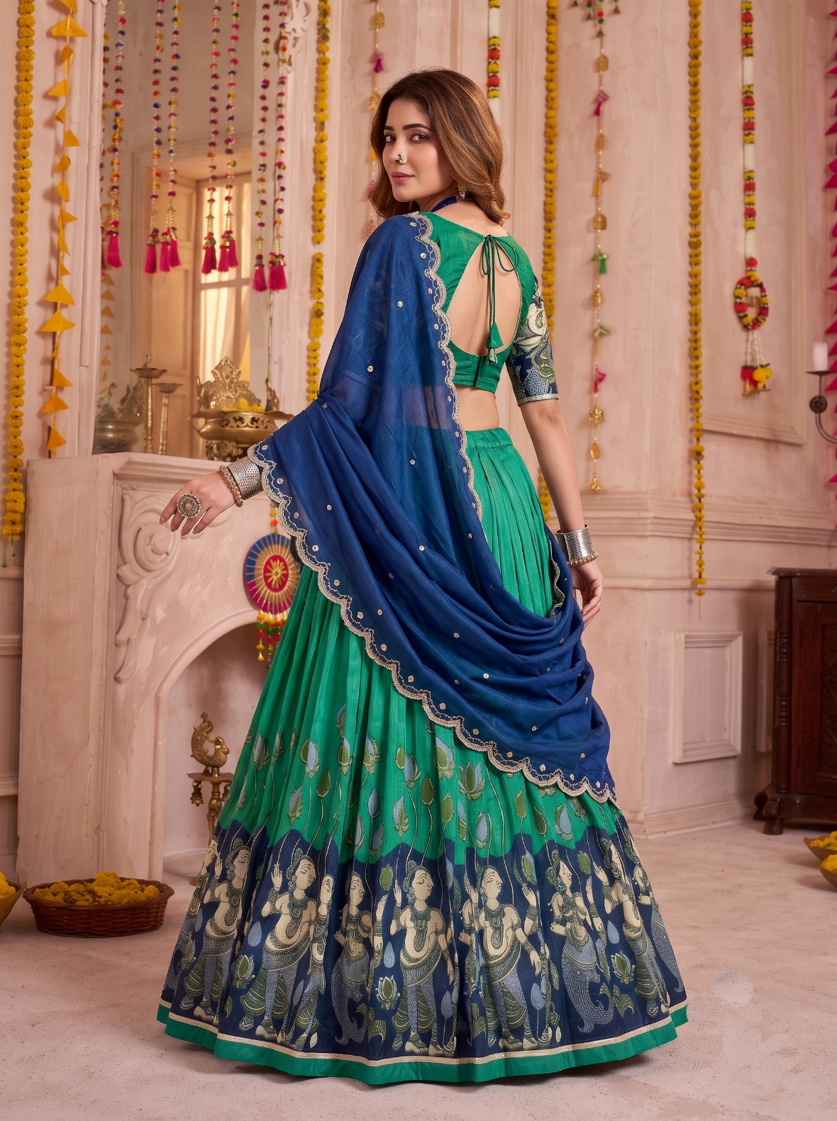 Rama Green Kalamkari Print Tasar Silk Lehenga Choli — alternate view