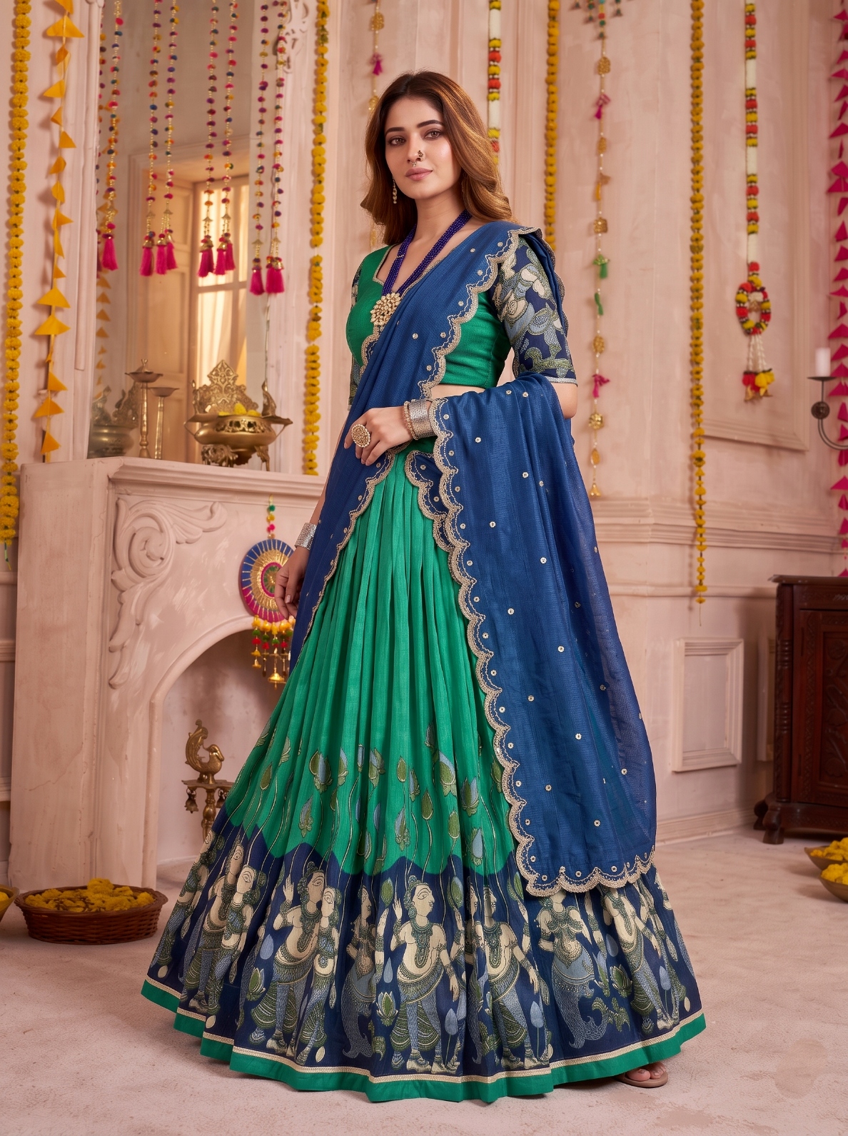 Rama Green Kalamkari Print Tasar Silk Lehenga Choli