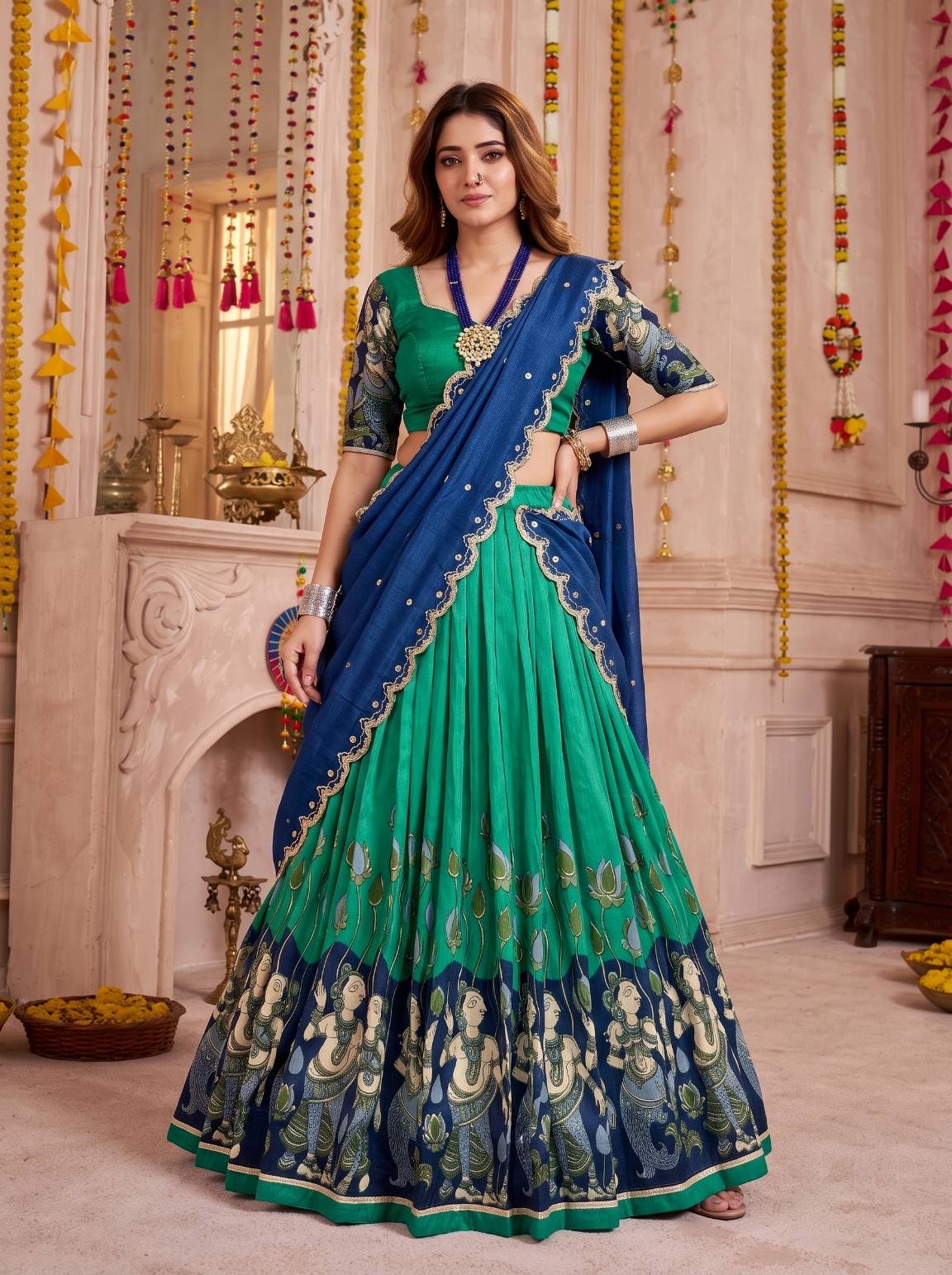Rama Green Kalamkari Print Tasar Silk Lehenga Choli