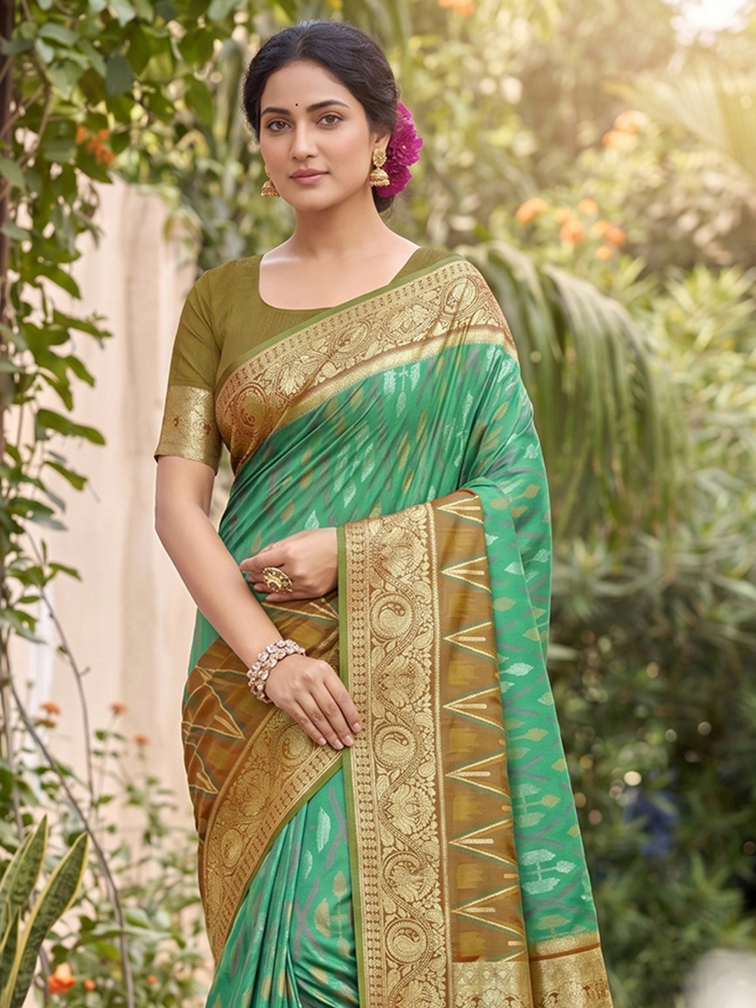 Rama Green Motif Woven Soft Silk Saree