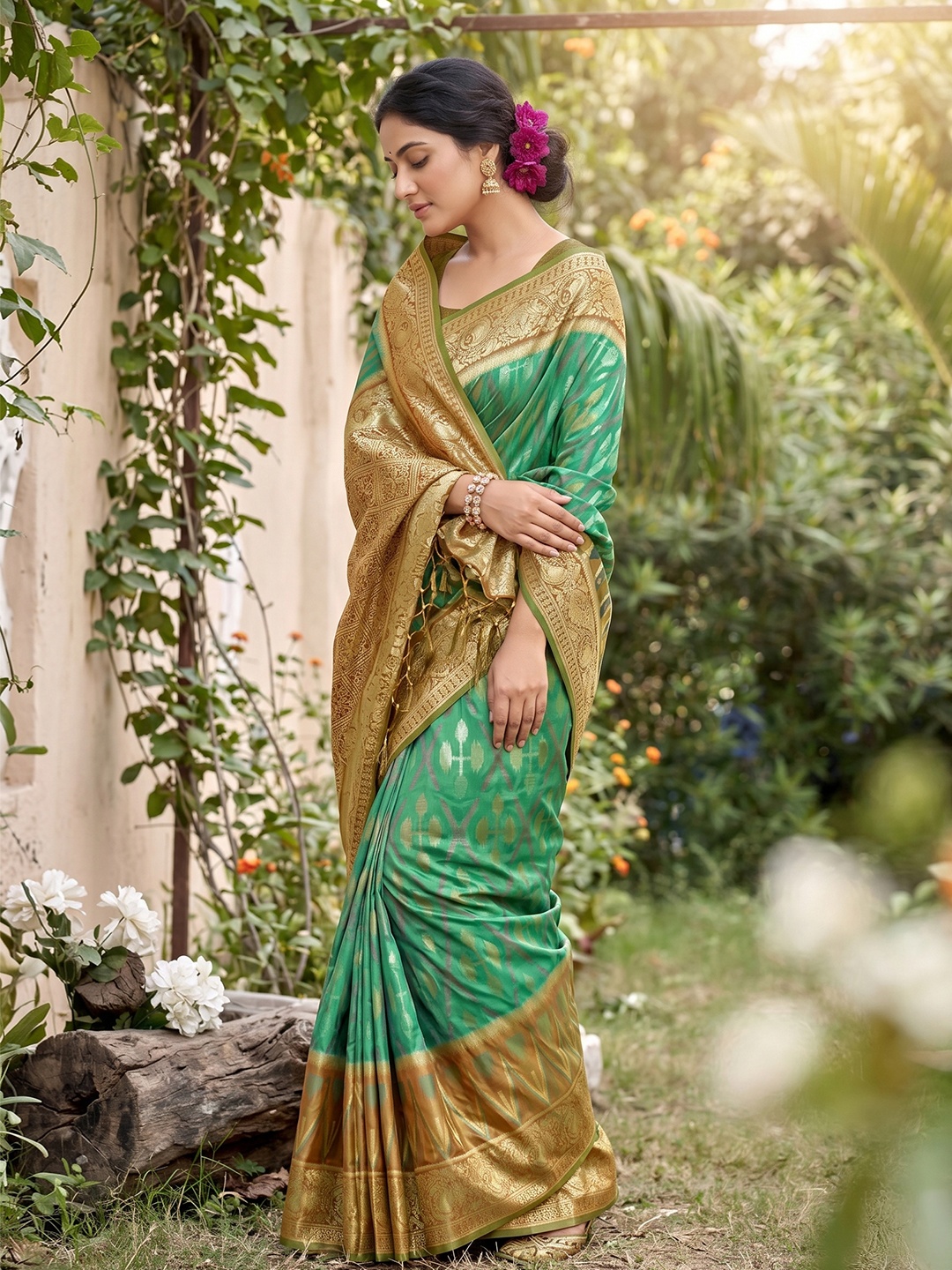 Rama Green Motif Woven Soft Silk Saree