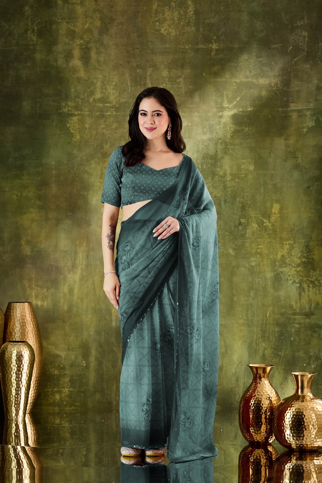 Rama Green Ombre Floral Chiffon Ready To Wear Saree