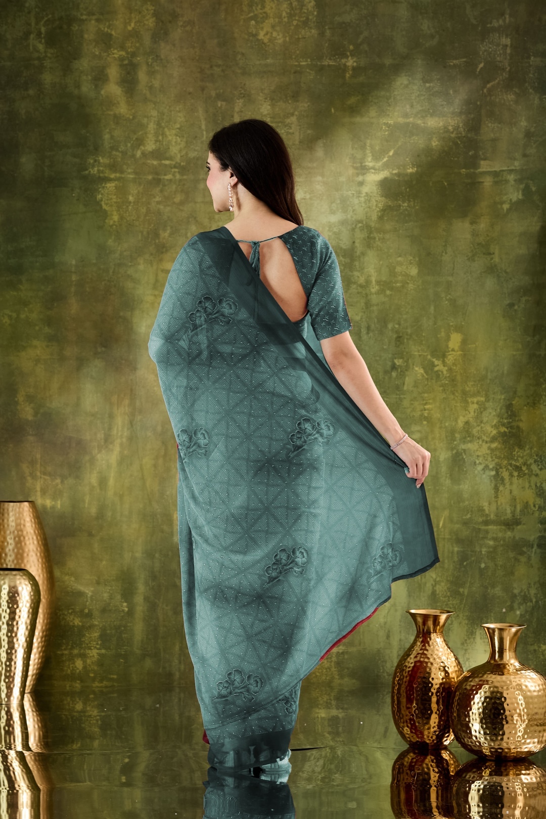 Rama Green Ombre Floral Chiffon Ready To Wear Saree — alternate view
