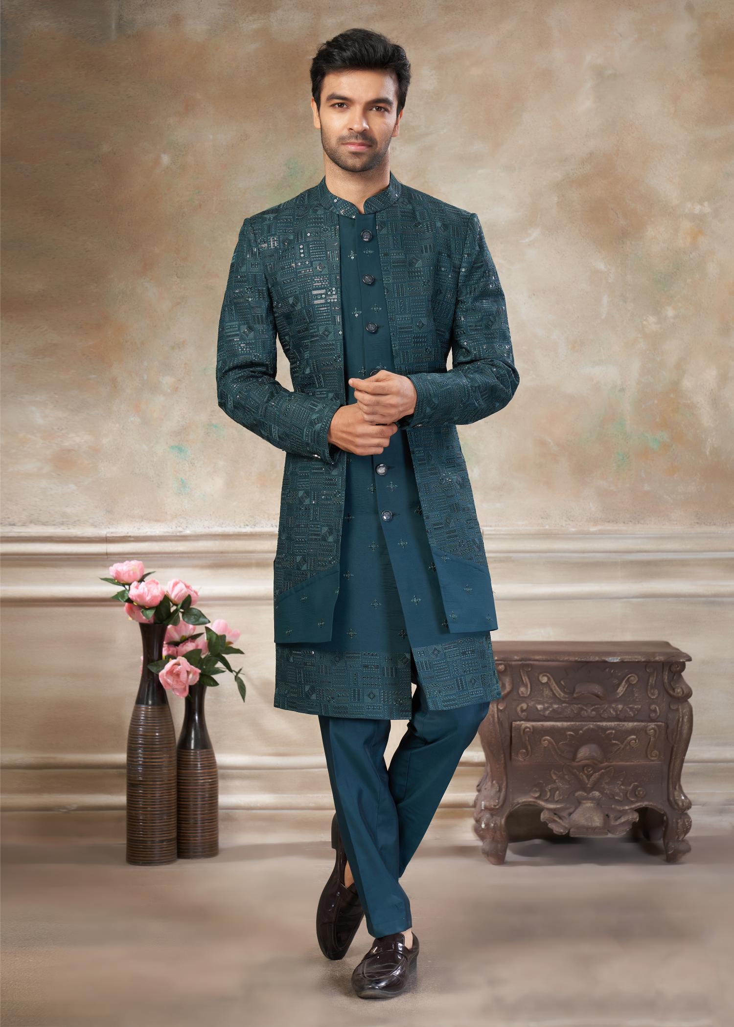 Rama Green Silk Indo Western Sherwani