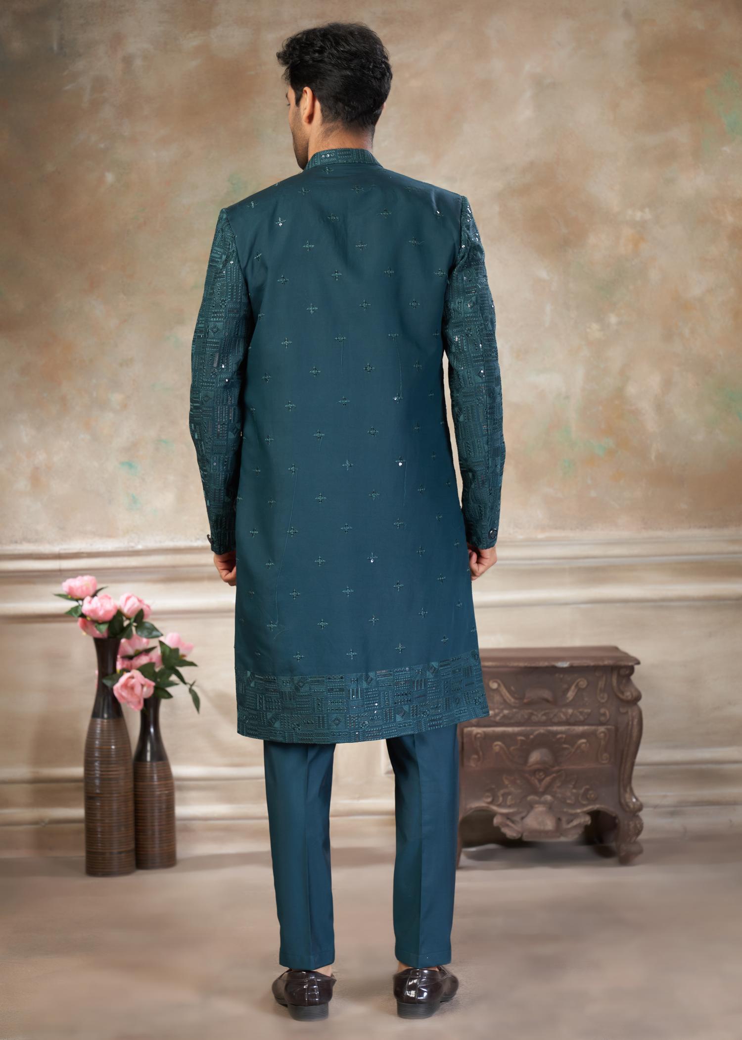 Rama Green Silk Indo Western Sherwani — alternate view