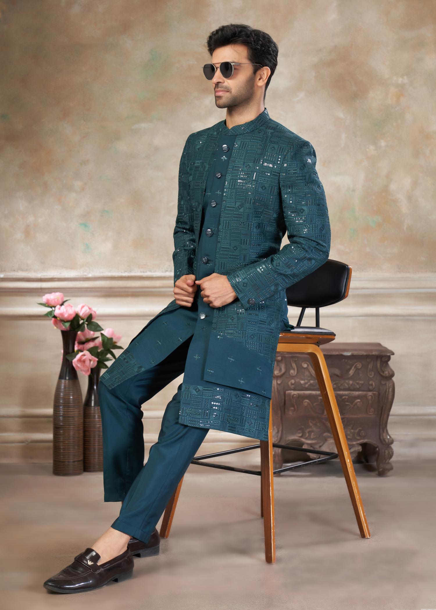 Rama Green Silk Indo Western Sherwani