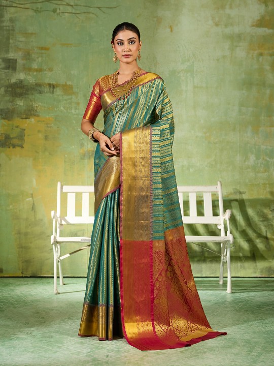 Rama Green Striped Zari Work Kanjivaram Silk Saree