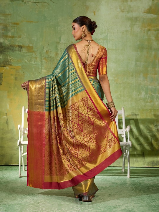 Rama Green Striped Zari Work Kanjivaram Silk Saree — alternate view