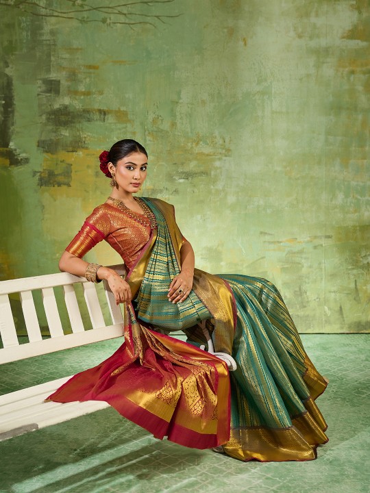 Rama Green Striped Zari Work Kanjivaram Silk Saree