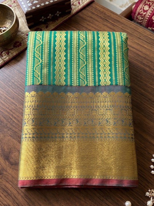 Rama Green Striped Zari Work Kanjivaram Silk Saree