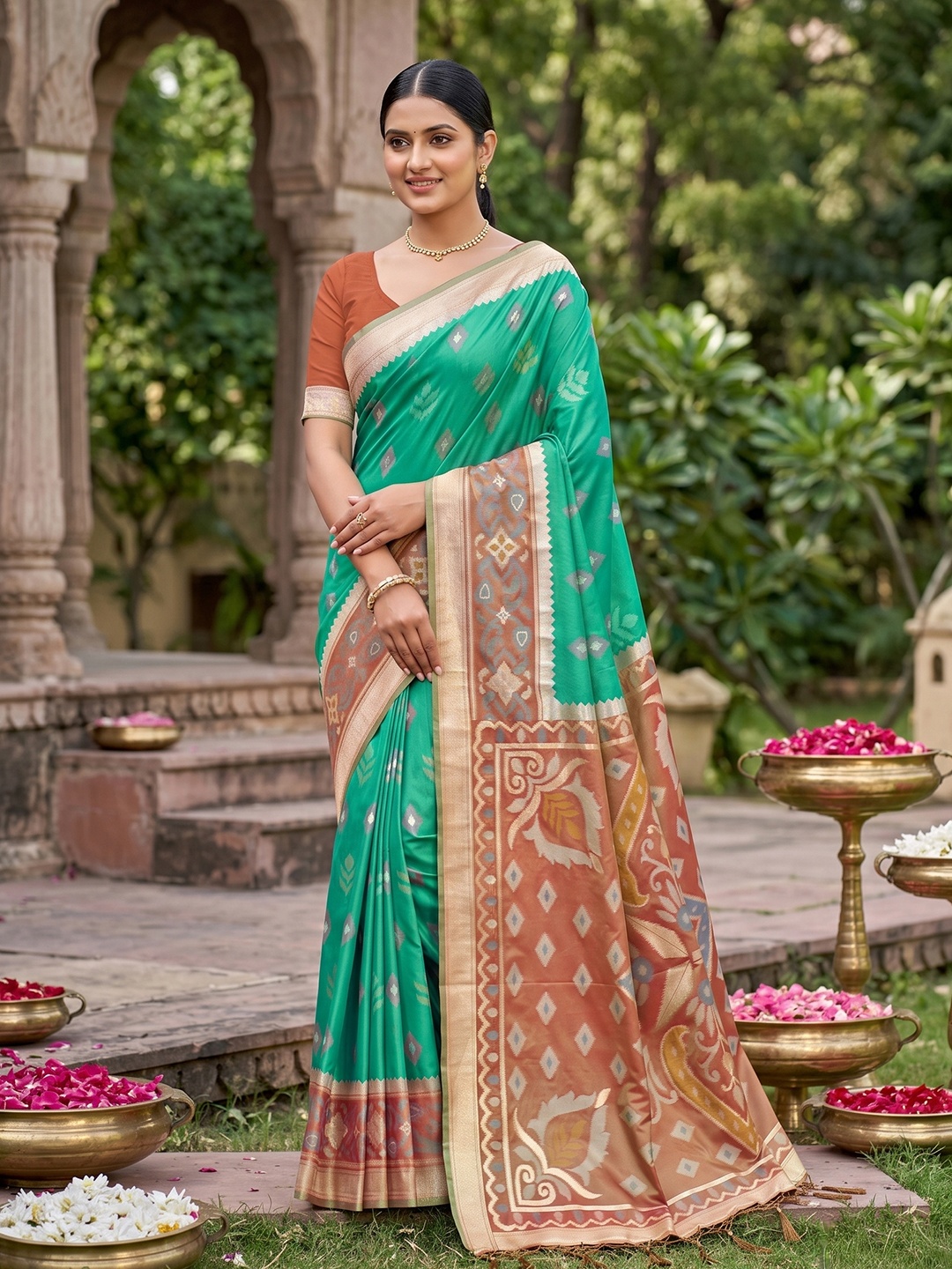 Rama Green Woven Designer Soft Silk Saree