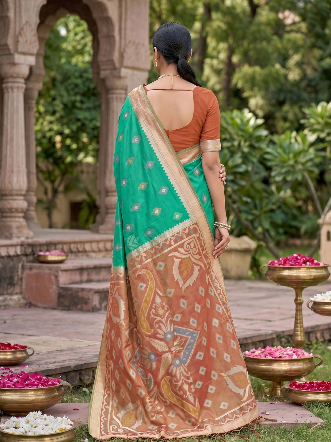 Rama Green Woven Designer Soft Silk Saree — alternate view