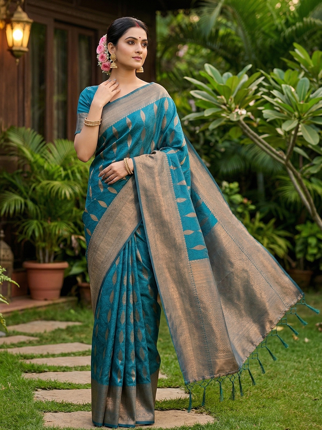 Rama Green Woven Silk Blend Saree