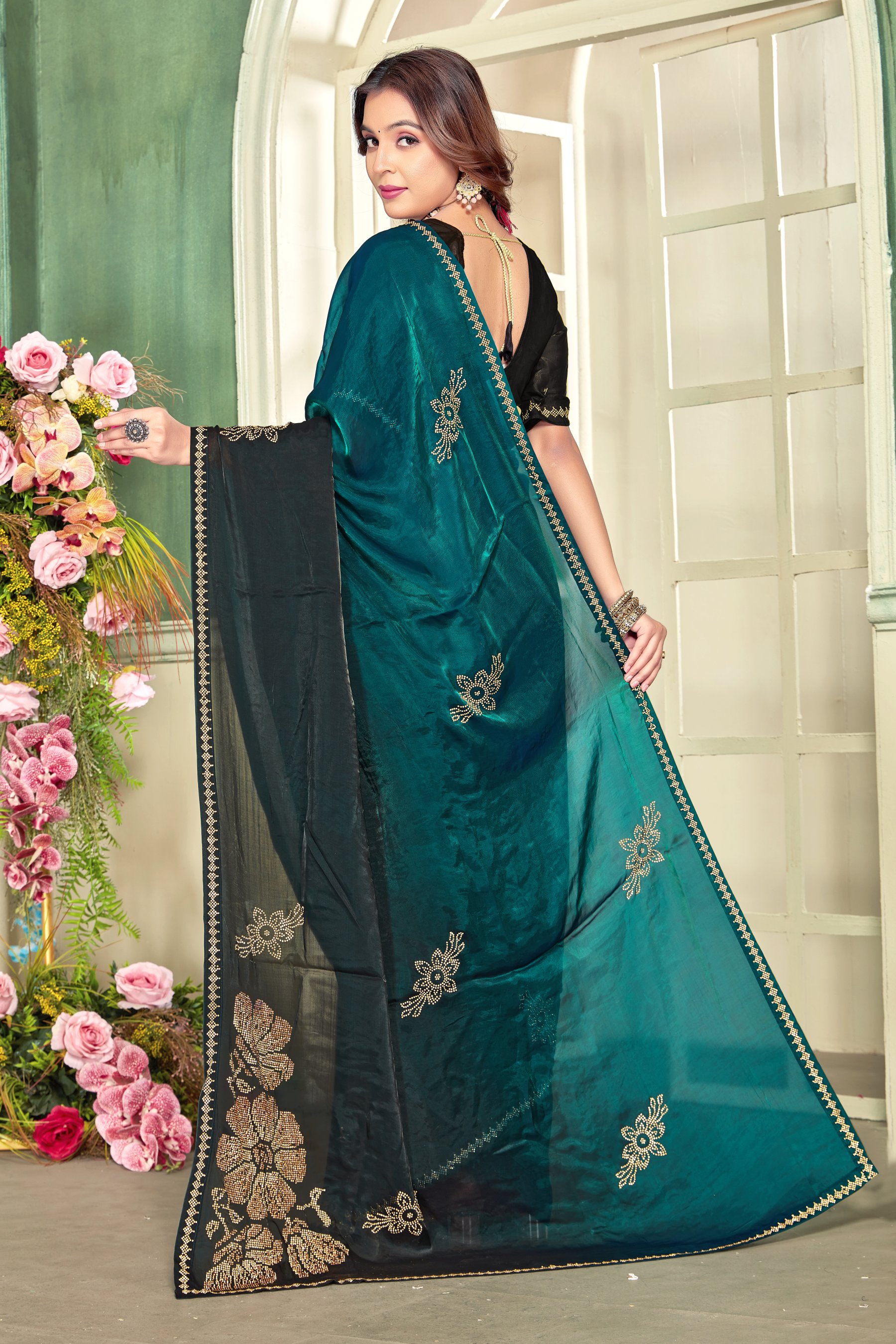 Rama Heavy Zircon Work Fendi Satin Silk Two Tone Saree — alternate view
