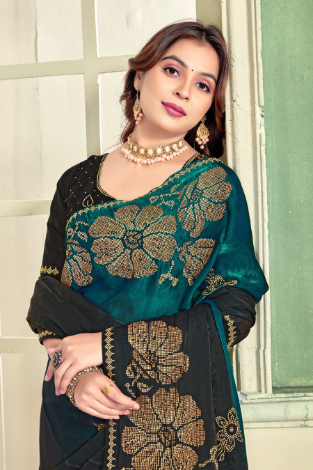 Rama Heavy Zircon Work Fendi Satin Silk Two Tone Saree